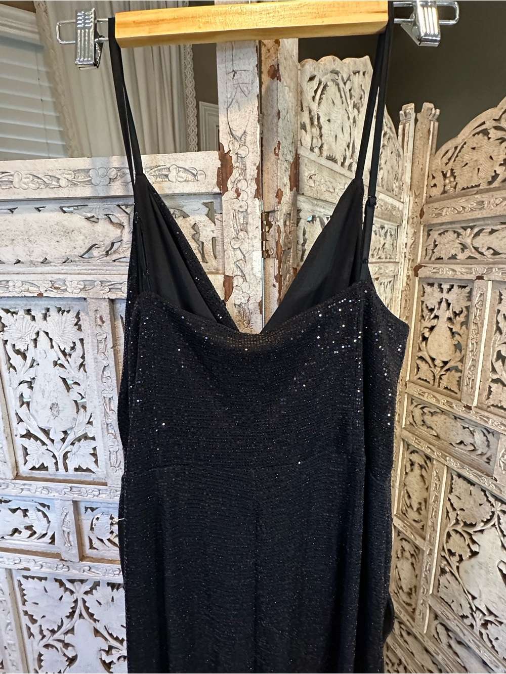 Express Black Sequin V-Neck Jumpsuit - Picture 4 of 6